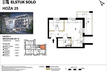 Rzut - Mieszkanie na sprzedaż 2 pokoje o powierzchni 29,68 m² - numer 12 w Hoża 25