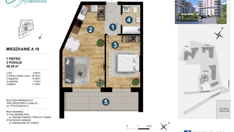 Rzut - Mieszkanie na sprzedaż 2 pokoje o powierzchni 46,25 m² - numer A.10 w Kapelanka-Pychowicka Etap III
