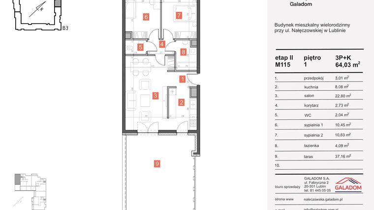 Rzut - Mieszkanie na sprzedaż 3 pokoje o powierzchni 64,03 m² - numer M-115 w Nałęczowska etap II