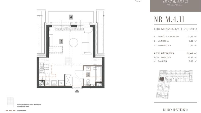 Rzut - Mieszkanie na sprzedaż 1 pokój o powierzchni 32,48 m² - numer M.4.11 w Zamoyskiego 31