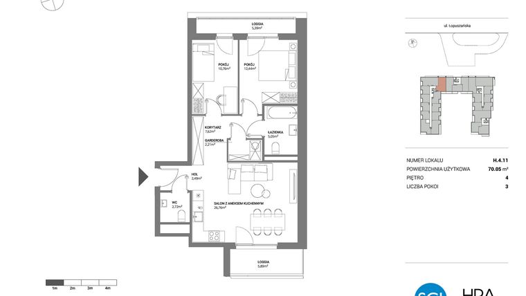 Rzut - Mieszkanie na sprzedaż 3 pokoje o powierzchni 70,05 m² - numer H.4.11 w Łopuszańska 47 - etap 3