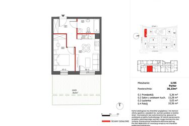 Rzut - Mieszkanie na sprzedaż 2 pokoje o powierzchni 36,23 m² - numer 1/5 w Słoneczny Zakątek