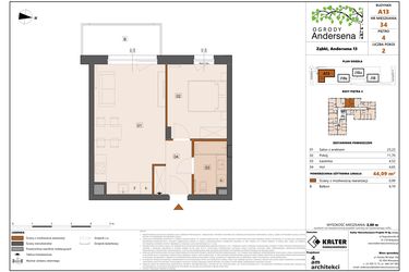 Rzut - Mieszkanie na sprzedaż 2 pokoje o powierzchni 44,09 m² - numer 34A w Ogrody Andersena