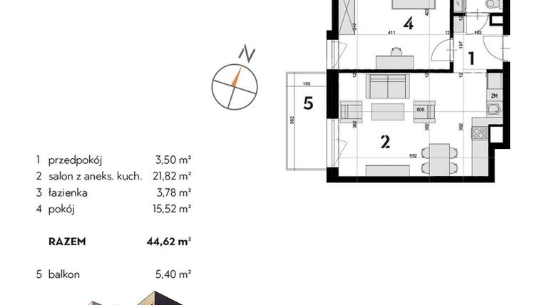Rzut - Mieszkanie na sprzedaż 2 pokoje o powierzchni 44,62 m² - numer OK-37 w OKI DOKI