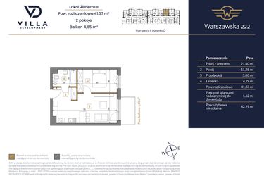 Rzut - Mieszkanie na sprzedaż 2 pokoje o powierzchni 41,37 m² - numer 21 w Warszawska 222 bud. D