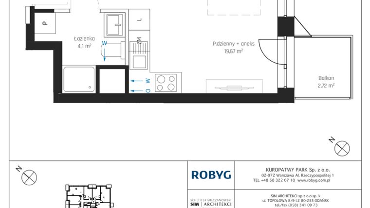 Rzut - Mieszkanie na sprzedaż 1 pokój o powierzchni 26,38 m² - numer A1/2M07 w Sky Point - Apartamenty Inwestycyjne