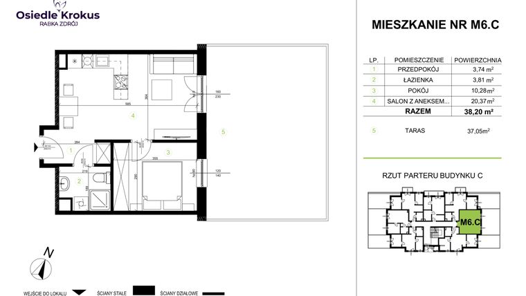 Rzut - Mieszkanie na sprzedaż 2 pokoje o powierzchni 38,32 m² - numer M6.C w Osiedle Krokus etap IV