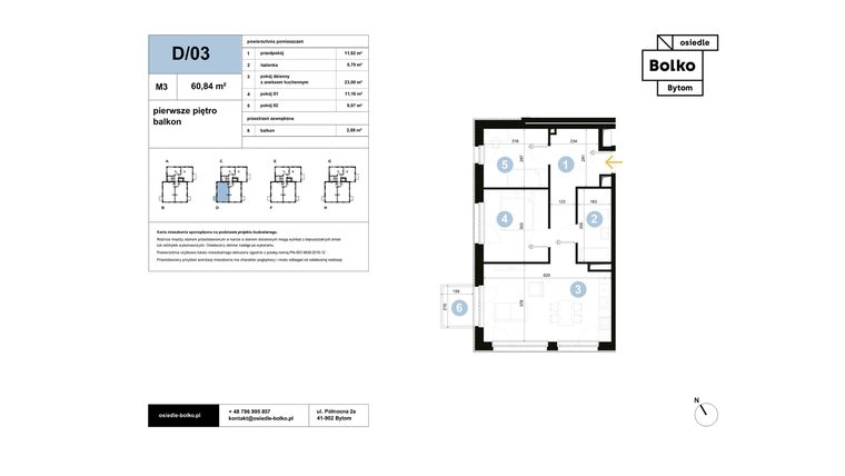 Rzut - Mieszkanie na sprzedaż 3 pokoje o powierzchni 60,84 m² - numer D/03 w Osiedle Bolko etap II