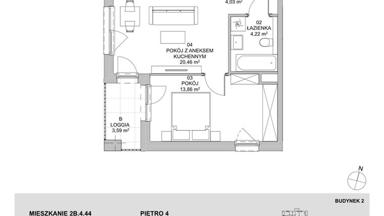 Rzut - Mieszkanie na sprzedaż 2 pokoje o powierzchni 42,57 m² - numer 2B.4.44 w Francuska Park VIIIA