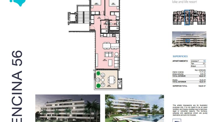 Rzut - Mieszkanie na sprzedaż 2 pokoje o powierzchni 77 m² - numer 15 w Santa Rosalía - Murcia