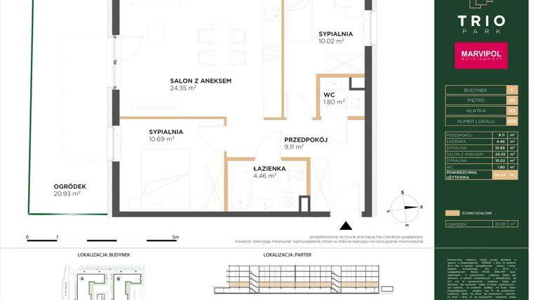 Rzut - Mieszkanie na sprzedaż 3 pokoje o powierzchni 60,43 m² - numer C006 w Trio Park bud. C