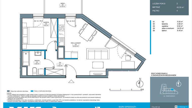 Rzut - Mieszkanie na sprzedaż 2 pokoje o powierzchni 43,35 m² - numer A.4.3 w Rakoczego 17