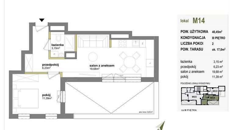 Rzut - Mieszkanie na sprzedaż 2 pokoje o powierzchni 40,45 m² - numer M14 w Międzylesie przy lesie