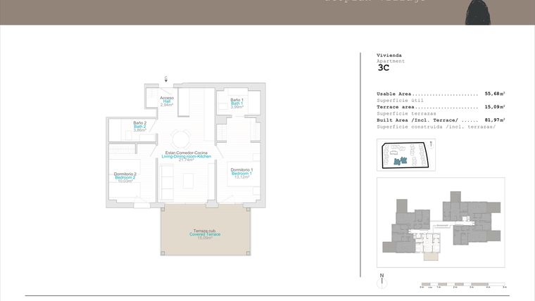 Rzut - Mieszkanie na sprzedaż 2 pokoje o powierzchni 55,68 m² - numer 3-3-C w Apartamenty w El Verger - 76383115