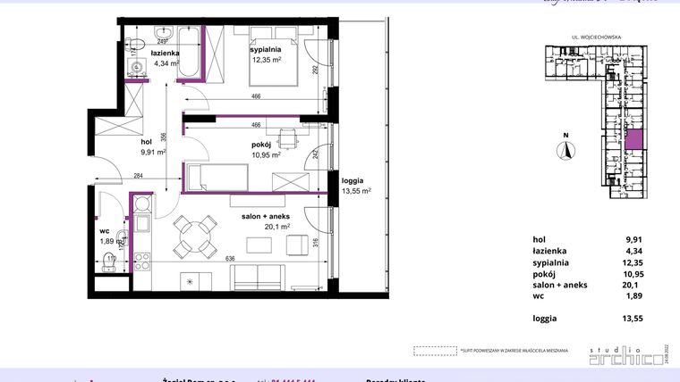 Rzut - Mieszkanie na sprzedaż 3 pokoje o powierzchni 59,54 m² - numer 13 w Wojciechowska Square