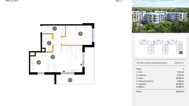 Rzut - Mieszkanie na sprzedaż 2 pokoje o powierzchni 54,63 m² - numer S6.1.07 w Ogrody Julianów