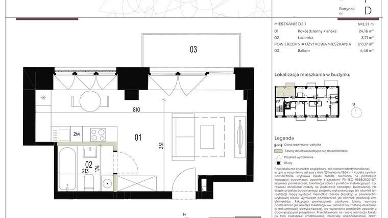 Rzut - Mieszkanie na sprzedaż 1 pokój o powierzchni 27,87 m² - numer D.1.1 w Nowa Stawowa