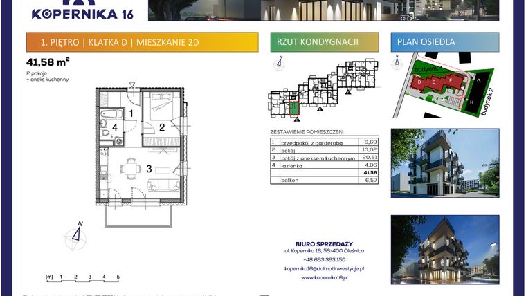 Rzut - Mieszkanie na sprzedaż 2 pokoje o powierzchni 41,58 m² - numer D02 w Kopernika Szesnaście
