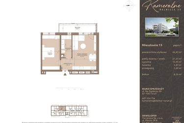 Rzut - Mieszkanie na sprzedaż 2 pokoje o powierzchni 46,83 m² - numer M-13 w Kameralne