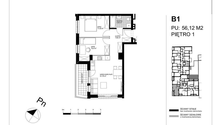 Rzut - Mieszkanie na sprzedaż 3 pokoje o powierzchni 55,68 m² - numer B1 w Apartamenty Kopernika - etap II