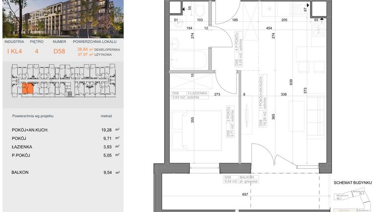 Rzut - Mieszkanie na sprzedaż 2 pokoje o powierzchni 37,97 m² - numer I-D58 w Industria etap I-D oraz I-C