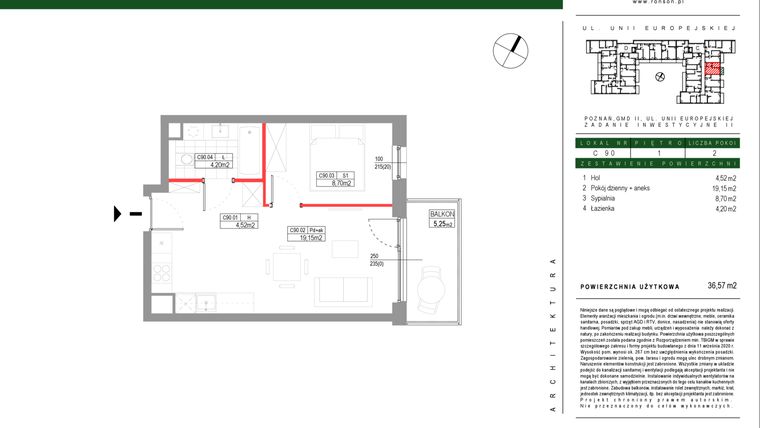 Rzut - Mieszkanie na sprzedaż 2 pokoje o powierzchni 36,57 m² - numer C090 w Grunwald Między Drzewami etap III