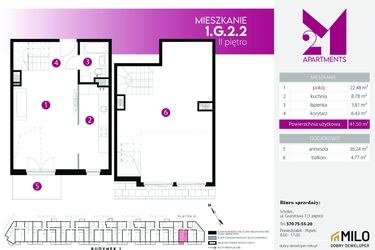 Rzut - Mieszkanie na sprzedaż 2 pokoje o powierzchni 77,74 m² - numer 1.G.2.2 w 2M Apartments etap IV