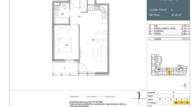 Rzut - Mieszkanie na sprzedaż 2 pokoje o powierzchni 42,35 m² - numer 68 w Morwowa 5