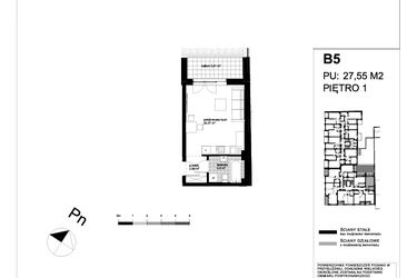Rzut - Mieszkanie na sprzedaż 1 pokój o powierzchni 27,55 m² - numer B5 w Apartamenty Kopernika - etap II