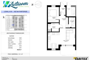 Rzut - Mieszkanie na sprzedaż 2 pokoje o powierzchni 49,88 m² - numer A.19 w Zastawna OdNova