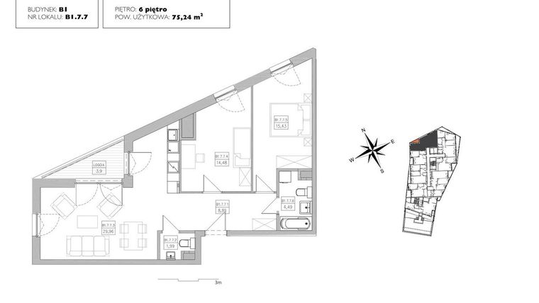 Rzut - Mieszkanie na sprzedaż 3 pokoje o powierzchni 75,24 m² - numer B1.7.7 w Alvarium 2.0