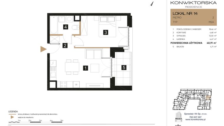 Rzut - Mieszkanie na sprzedaż 2 pokoje o powierzchni 40,91 m² - numer 14 w Konwiktorska Residence