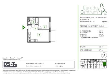 Rzut - Mieszkanie na sprzedaż 2 pokoje o powierzchni 33,6 m² - numer B.1.11 w Ogrody Centrum 2