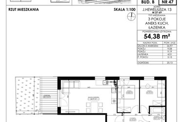 Rzut - Mieszkanie na sprzedaż 3 pokoje o powierzchni 54,38 m² - numer JAR-II-B-LM-M47 w Osiedle JAR Heweliusza etap II