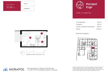 Rzut - Mieszkanie na sprzedaż 1 pokój o powierzchni 27,65 m² - numer 1.B.0.07 w Murapol Ergo