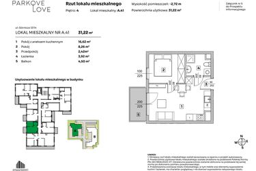 Rzut - Mieszkanie na sprzedaż 2 pokoje o powierzchni 31,22 m² - numer A.41 w Parkove Love
