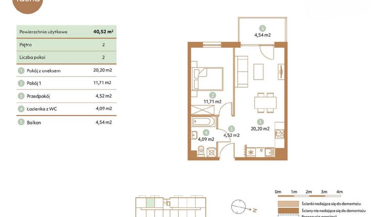 Rzut - Mieszkanie na sprzedaż 2 pokoje o powierzchni 40,52 m² - numer D44-2 w Fauna