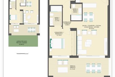 Rzut - Mieszkanie na sprzedaż 2 pokoje o powierzchni 147,45 m² - numer B30B w Arrecife by UrbinCasa
