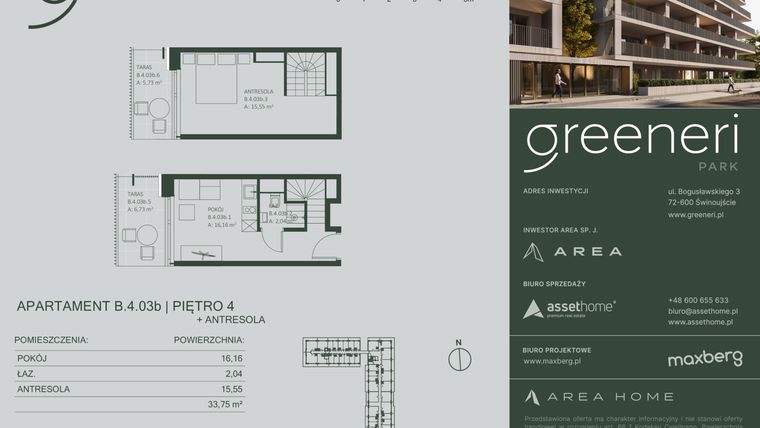 Rzut - Mieszkanie na sprzedaż 2 pokoje o powierzchni 33,88 m² - numer B.4.03b w Greeneri Park