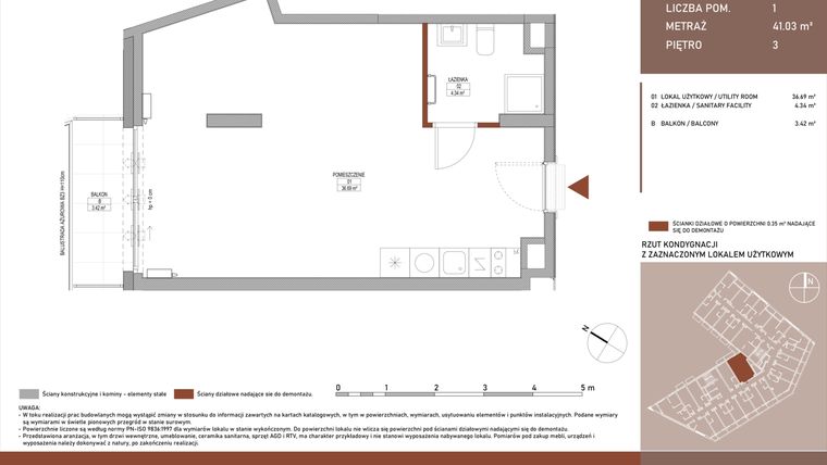 Rzut - Mieszkanie na sprzedaż 1 pokój o powierzchni 41 m² - numer B.4.57 w Żurawie - etap II