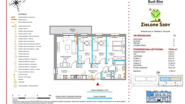 Rzut - Mieszkanie na sprzedaż 4 pokoje o powierzchni 70,9 m² - numer 11 w Zielone Sady etap II