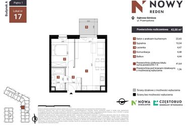 Rzut - Mieszkanie na sprzedaż 2 pokoje o powierzchni 43 m² - numer A17 w Nowy Reden