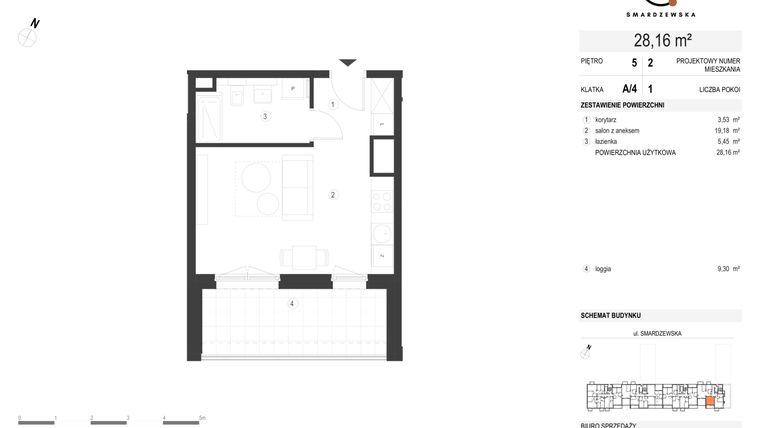 Rzut - Mieszkanie na sprzedaż 1 pokój o powierzchni 27,88 m² - numer A/4/5.2 w Smardzewska 8