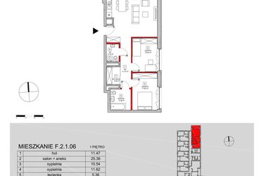 Rzut - Mieszkanie na sprzedaż 3 pokoje o powierzchni 72,47 m² - numer F.2.1.06 w ATAL SKY+ bud. D-F