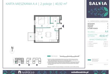 Rzut - Mieszkanie na sprzedaż 2 pokoje o powierzchni 40,92 m² - numer A.04 w Osiedle Salvia