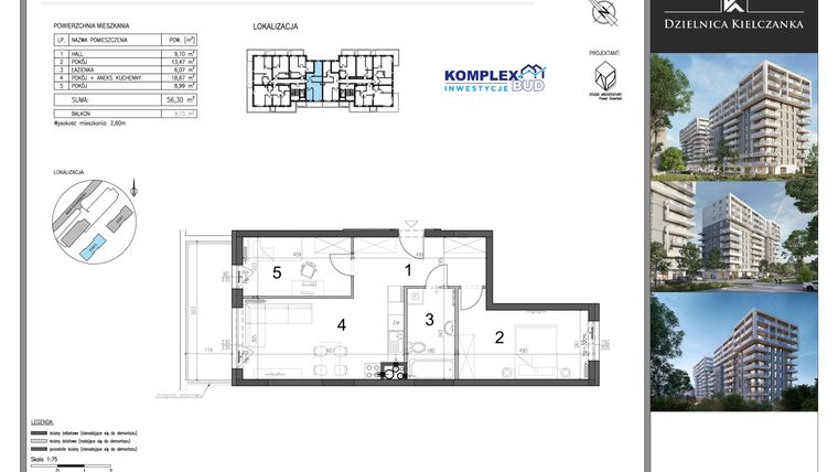 Rzut - Mieszkanie na sprzedaż 3 pokoje o powierzchni 56,3 m² - numer 5 w Dzielnica Kielczanka etap II