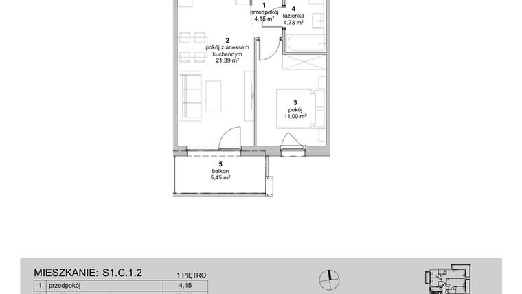 Rzut - Mieszkanie na sprzedaż 2 pokoje o powierzchni 41,27 m² - numer S1.C.1.2 w ATAL Idea Swarzędz II