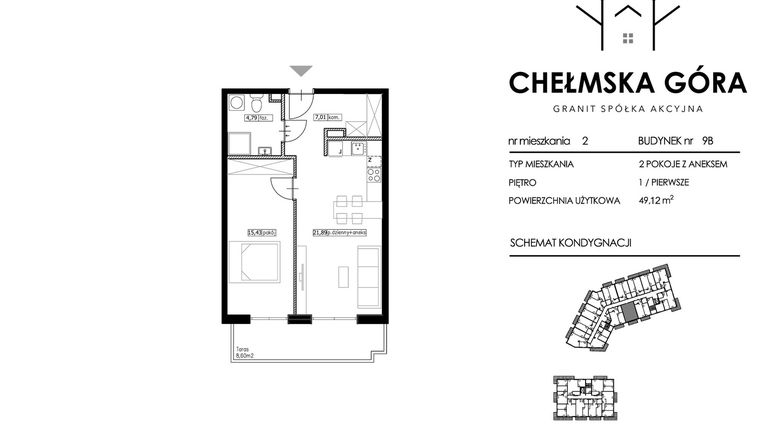 Rzut - Mieszkanie na sprzedaż 2 pokoje o powierzchni 49,12 m² - numer C-9B-M2 w Chełmska Góra