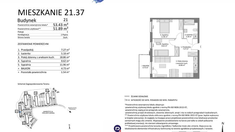 Rzut - Mieszkanie na sprzedaż 3 pokoje o powierzchni 51,89 m² - numer 21.37 w Osiedle Pastelowe etap IV