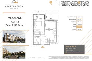 Rzut - Mieszkanie na sprzedaż 2 pokoje o powierzchni 40,74 m² - numer A3.1.3 w Apartamenty Nowe Miasto